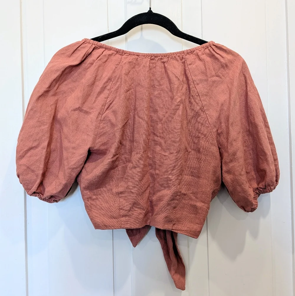 Abercrombie & Fitch Mauve Rose Tie-Front Puff Sleeve Blouse Linen Blend | Xsmall - Picture 2 of 4